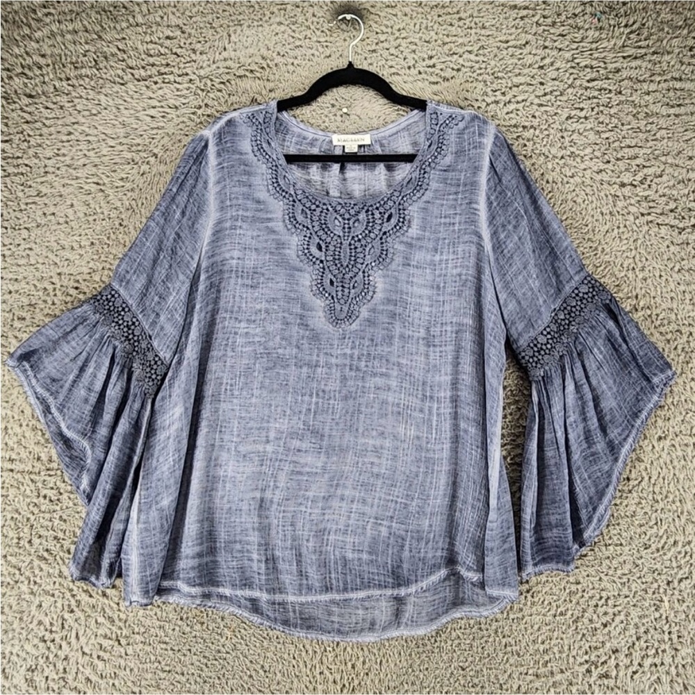 Blue Gray Bell Sleeve Blouse with Pleated Relaxed Fit